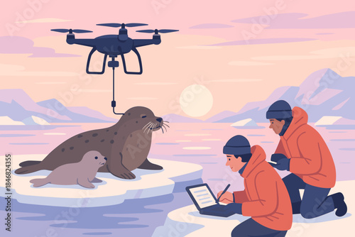 Researchers use a drone to study seals in an icy environment at sunset while recording data on a laptop
