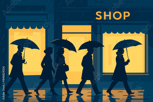 People walking with umbrellas in the rain in front of a shop during the evening