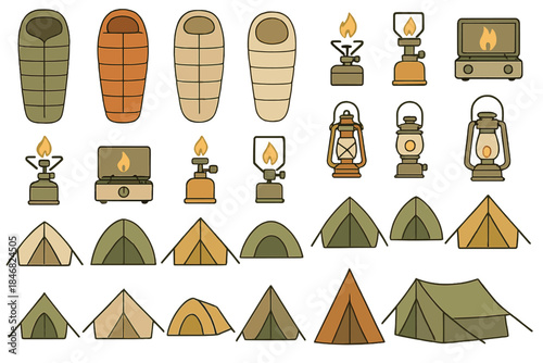 Camping gear collection with tents, sleeping bags, lanterns, and stoves for outdoor adventures