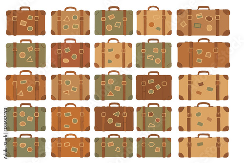 Collection of different suitcases arranged on a grid for a travel design concept showcasing various colors and patterns