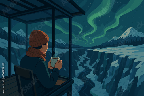 Person enjoys coffee while watching northern lights over a snowy mountain landscape at night