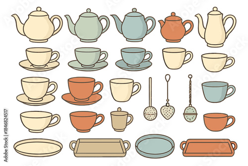 Different types of teapots and cups with saucers, including tea infusers, displayed on a plain background in a simple arrangement