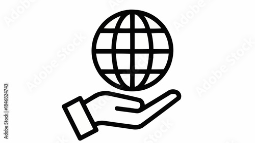 Outline icon depicting a human hand gently cradling a grid-patterned globe, symbolizing global connection, international business, environmental care, and digital communication