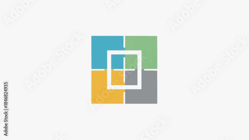 Abstract geometric square divided into four colored quadrants with a smaller square overlay in the center