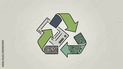 Vector graphic of a recycling symbol made from circuit board elements, symbolizing sustainable technology, responsible e-waste management, and environmental protection