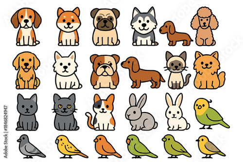 Cute cartoon animals in different poses displayed in a fun arrangement on a plain background