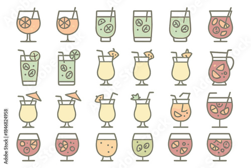 Collection of different drink types arranged in a grid layout with various garnishes and colors