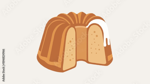 Classic bundt cake vector illustration with sweet white icing, showing a missing slice, a delightful dessert perfect for celebrations and family treats