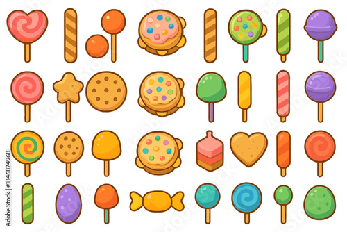 Colorful candy and dessert icons arranged neatly with various shapes and designs on a white background