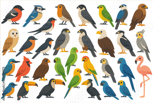 Collection of various birds in different colors and shapes arranged in an organized pattern
