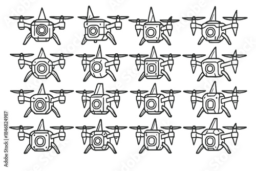 Multiple drones displayed in a grid showing various angles and designs in a simple arrangement