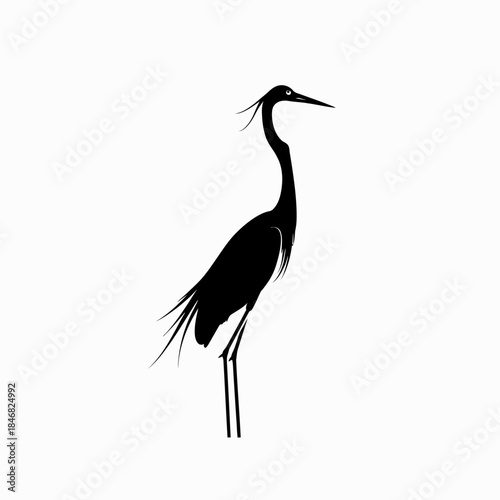 Black silhouette of elegant wading bird. Graceful heron or egret illustration standing. Minimalist vector graphic.