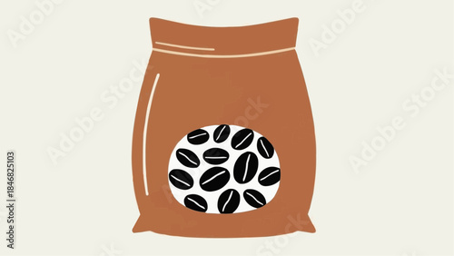 Artistic illustration of a simple brown bag filled with aromatic coffee beans, perfect for a fresh morning brew or a delightful hot beverage graphic element