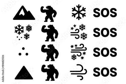 Symbols for outdoor safety and survival, including weather and wildlife warnings, displayed in various patterns and arrangements