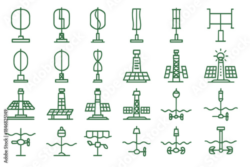 Various designs of energy sources and devices in line art style