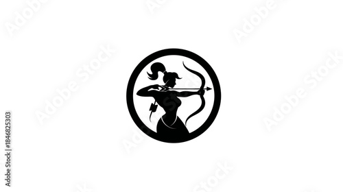 Female Archer Silhouette Aiming Bow and Arrow Graphic Icon. Archery Sport, Precision, Skill, Target Practice Concept.