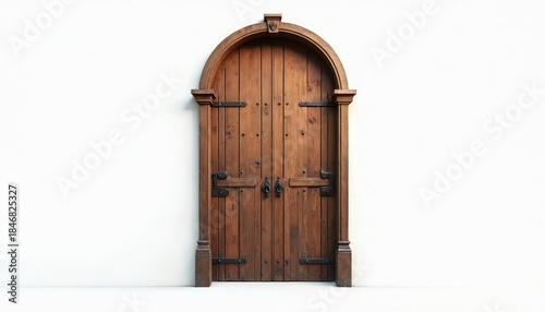 Arched antique wooden double doors with metal hardware stand on clean white wall. Vintage entrance offers rustic charm for entry or exit, creating a classic architectural element. Old gate.