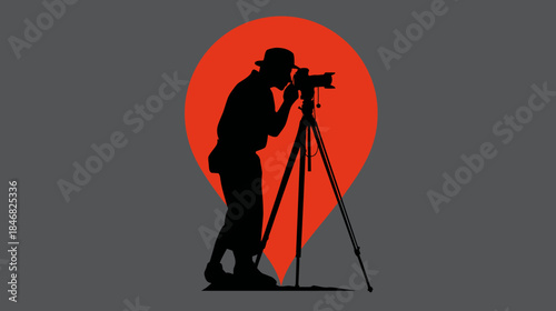 Photographer silhouette with camera on tripod inside a red location pin icon, symbolizing travel photography, mapping, or creative hobbies.