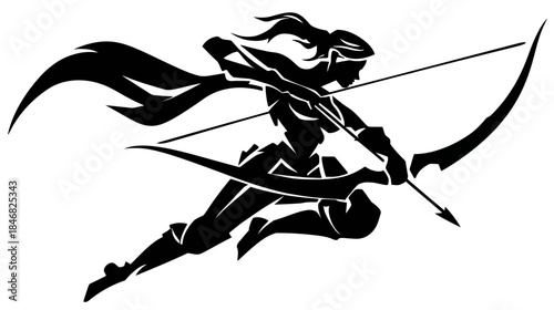 Dynamic female archer silhouette in action, drawing bow and arrow, concept for strength, skill, and fantasy adventure
