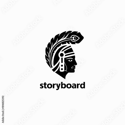 Monochromatic vector illustration of a stylized warrior or tribal figure in profile, adorned with an elaborate feathered headdress.