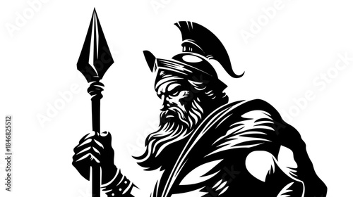 Strong bearded warrior in a helmet holding a spear, ancient mythological figure illustration, symbol of power and protection.