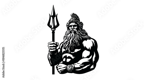 Powerful mythical sea king holding a trident, a strong and ancient god illustration, ideal for mascots or emblems.
