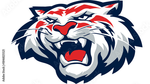 Dynamic graphic illustration of a fierce wild cat head with an aggressive roar, featuring bold red, white, and blue colors.