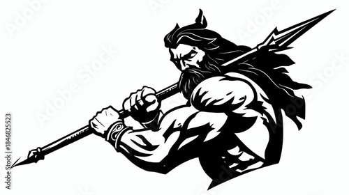 Fierce muscular mythological figure, ancient warrior holding a trident spear. Strong god-like mascot illustration, black and white.