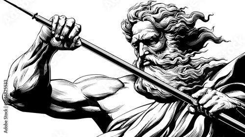 Dramatic black and white illustration of a powerful mythical figure with a beard and trident, ancient warrior concept art