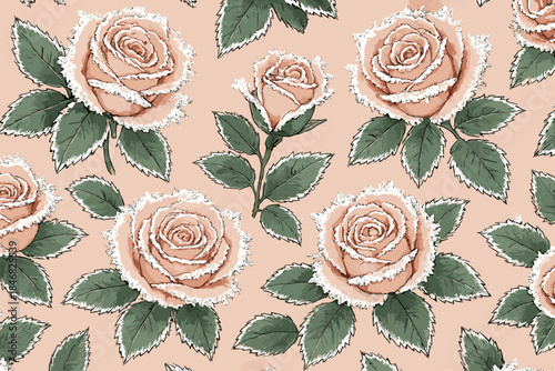 Pattern of pink roses with green leaves on a peach background seen in a decorative design