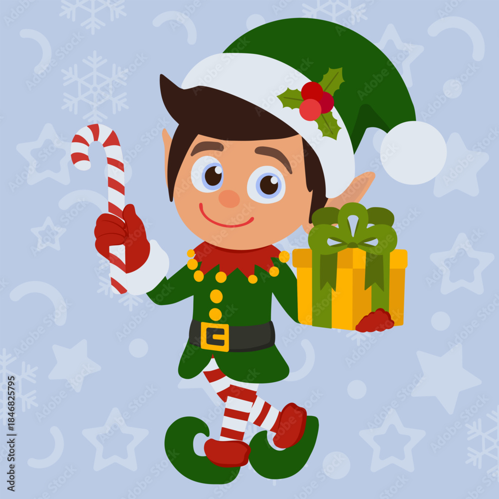 Naklejka premium Cheerful Santa’s helper elf in green costume holding gift box and striped candy cane. Ideal for Christmas banners, cards, invitations and festive holiday designs