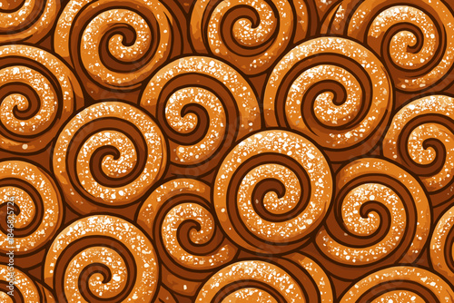 Baked pastry swirls arranged in a repeating pattern with shiny details in a warm color tone