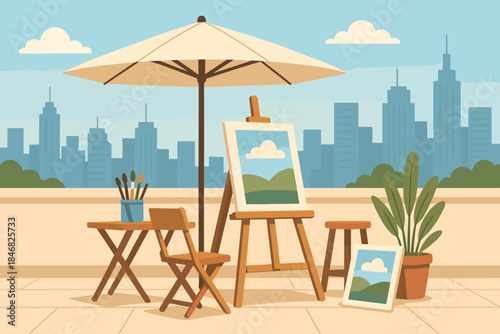 Outdoor art setup on a rooftop with skyline view showcasing easels and plants