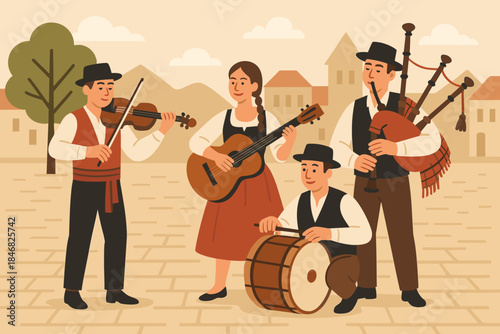 Musicians perform traditional music in a town square during a sunny day