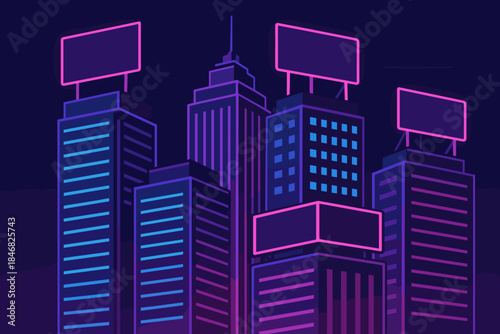 Bright city skyline at night with illuminated buildings and colorful billboards