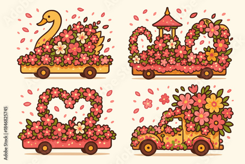 Flower decorated vehicles on display during a parade in spring