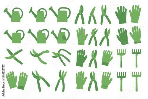 Collection of green gardening tools arranged in a grid format showing various items used for planting and maintaining gardens