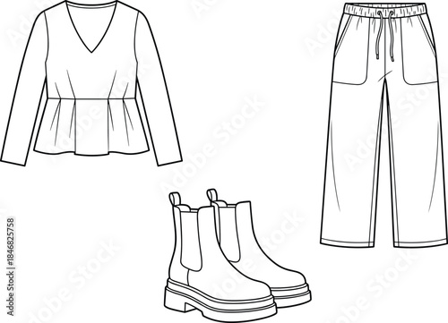 Minimal fashion line illustration of women outfit with peplum long sleeve top, drawstring wide leg pants, and ankle boots outline design
