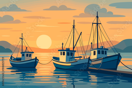 Boats docked at sunset with calm water and distant hills in a seaside location