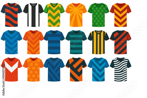 Variety of t-shirt designs in multiple colors and patterns displayed in a grid format for fashion and style options