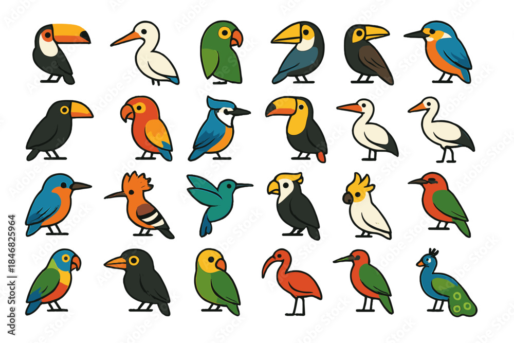 Fototapeta premium Colorful birds in various poses and styles arranged in a grid showing their distinct shapes and features