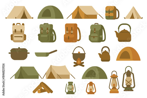 Camping gear collection with tents, backpacks, cooking pots, and lanterns for outdoor adventures