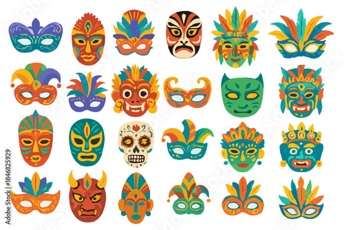 Colorful masks showing different designs and styles arranged in a pattern on a white background