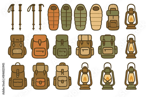 Camping gear collection with backpacks, sleeping bags, lanterns, and hiking poles shown in a simple layout