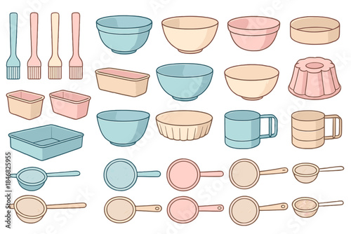 Different types of kitchenware items including bowls, measuring cups, and baking tools for cooking or baking activities