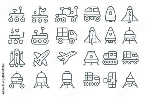 Different types of space and transport vehicles in a simple line style with varied designs and features