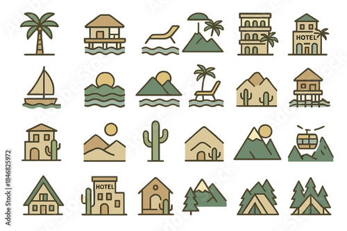 Icons and symbols showcase various elements of travel, nature, and hospitality in a clean and simple design