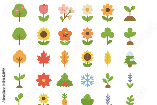 Collection of various plants and flowers arranged neatly in a grid pattern for a colorful display