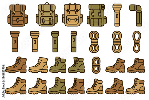 Gear for hiking and camping includes backpacks, flashlights, ropes, and boots displayed in simple style
