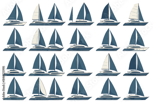 Collection of sailboats with various styles and colors displayed in a grid format showing the diversity of designs available
